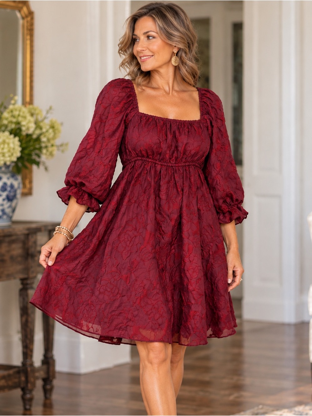 Burgundy Floral Jacquard Puff Sleeve Babydoll Mini Dress